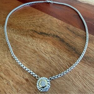 David Yurman Sterling Silver Necklace 15.75” Diamond Pavé Pendant 18K Gold Bezel